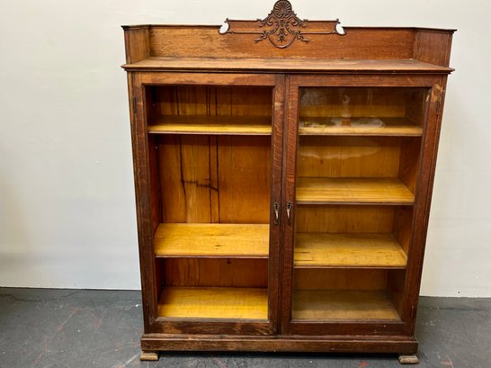 Victorian Oak Glass Dbl Door  Bookcase W(See Label)1 Door Glass Missing At Time Of Photo May Be Replace