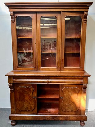 Stunning Early  Tall 2 Pc  Victorian Hutch  Glass Doors On Top With Shelves Doors On Base 61'W X 22' D X 92'H