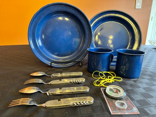 Camping - 2 Metal Plates, Cup, Fork Set & A Compass