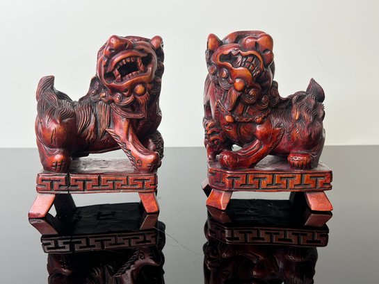 Pair Of Foo Dog Wooden Statues