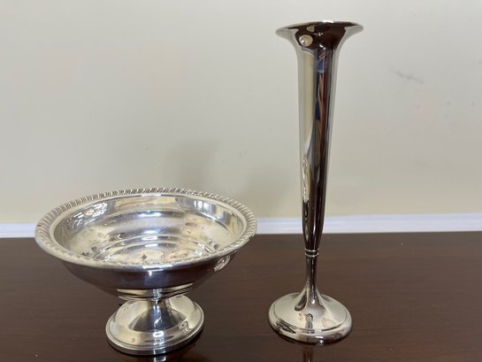 Small Silver Compote And Silver Plate Bud Vase