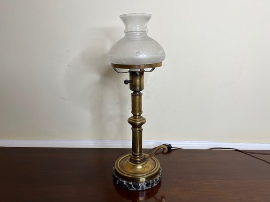 Brass Lamp With Delicate Etched Glass Hurricane Top