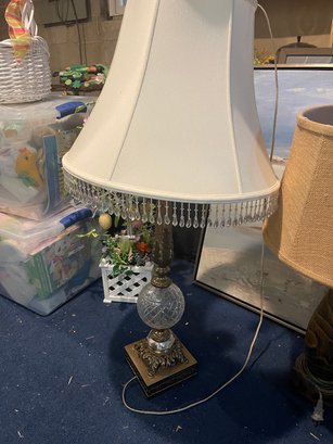 Pair Of Lamps With Bell Shaped Silk Shade With Crystal Triim