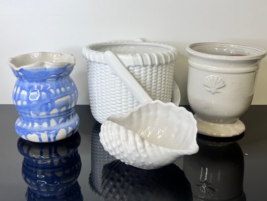 Blue And White Ceramics Seashell And Nantucket Basket