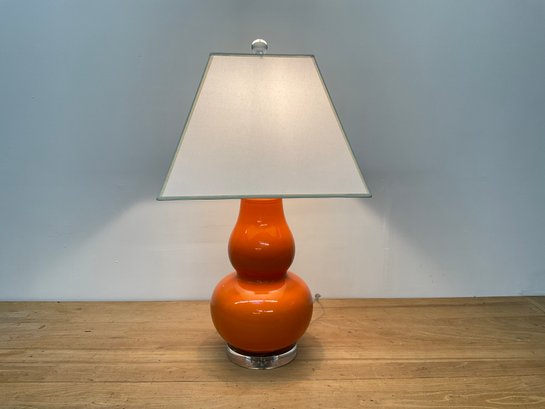 Orange Table Lamp With Lucite Base And An Elegant Rectangular Linen Shade