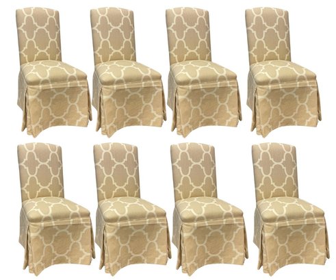 Eight Parson Style Dining Room Chairs Upholstered In  Beige And White