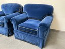 Pair Of Dark Blue Velvet Club Chairs With Gold Roping