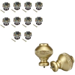 10 PCS Blue Ceramic Pumpkin Drawer Knobs & Decorative Rhinestone Curtain Rod Finials Set Of 2