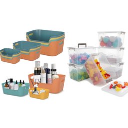 OWILL 12 Pcs Multicolor Plastic Storage Bins & 6 Pack Clear Plastic Storage Bin With Latching Lids