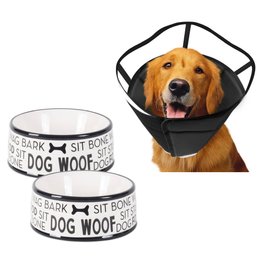 Bone Dry Black & White Dog Bone Ceramic Pet Bowl & Cryptdogle Upgraded Dog Cone Collar For After Surgery