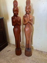 Thai Sawasdee Welcoming Women Statues-Teak Wood Carvings, Thailand - Late-twentieth Century