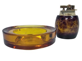 Collectible Amber Ashtray & Lighter