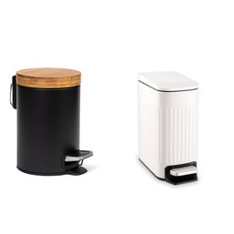 White TrashAid Slim Bathroom Trash Can & Black Bamboo Lid Soft Closing Trash Can