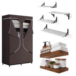 Brown Portable Wardrobe Closet Organizer & Grey Rustic Wood Floating Shelves (4) & Brown Wood Shelves (2)