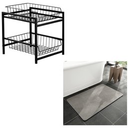 2 Tier Metal Bathroom Organizer With Sliding Storage Drawer & New-Tech Fast Drying Grey Rug 17 X 59