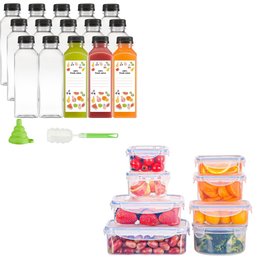 15 Count Reusable Plastic Juice Bottles (with Caps, Labels, Brush, And Silicone Funnel) & 8 Pk Container Set