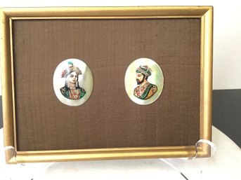 Pair Of Paintings  On Abalone  Old Miniature Oval Mughal Emperor Aurangzeb & Ahilya Khatoon