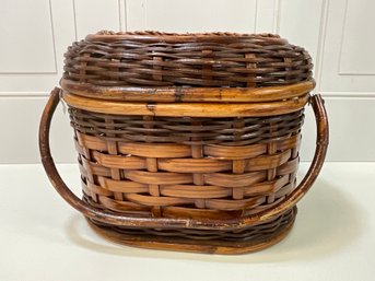 Lidded Basket With Rattan Handles