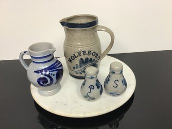 Blue Crockware Pitchers And Salt & Pepper Shaker