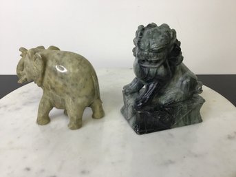 Soapstone Elephant & A Jade Color Marble Or Onyx Foo Dog