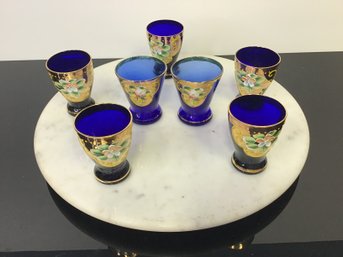 Made In Italy  Hand Blown And Painted  Cobalt Blue And Gold Shot Glasses     5 & 2      7 Total