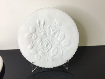 Imperial Glass Signed  Satin Milk Glass Plate With Open Rose  Design