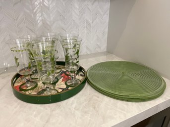 Eight Painted Water Goblets Green Placemats And Tray