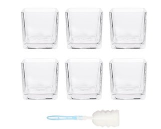 HWASHIN Set Of 6 Square Glass Vases 4 X 4 Inch, Clear Cube Flower Vases With Sponge Brush, Candle Holders, Dec