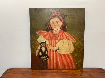 Folk-Art Style Picture Of Girl W. Cat