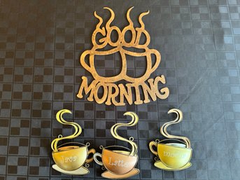 Metal Coffee Sign With 3 Cups Decor