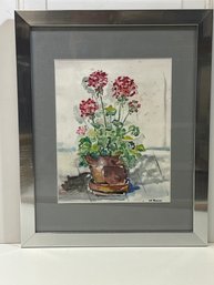 Nice Still Life Of A  Geranium Plant. Appears To Be A Watercolor Signed Lower Right Bosch?