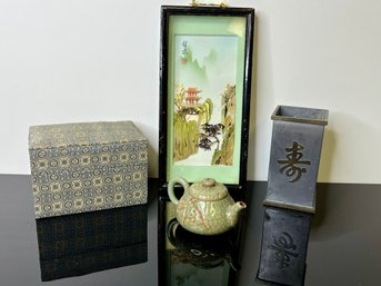Asian Lot Including Wall Plaque/ Teapot/ Pewter And Brass Vase