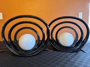 MCM 2 Black Circle Lamps With White Globes