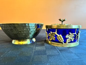 Brass Hammered Bowl & Brass, Blue Glass Trinket Bowl With Lid