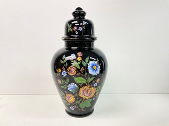 Beautiful Black Glass Hand Painted Floral 12' Ardalt Labeled Covered Ginger Jar. Made In Italy