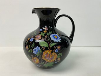 Beautiful Hand Painted Ardalt Black Glass 9' Pitcher Labeled Made In Italy