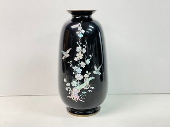 Chinoiserie Enamel Over Brass Tall Vase With Mother Of  Pearl Floral Design (top Of Vase Needs Polishing)