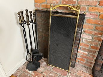 Two Fireplace Screens & Fireplace Tools
