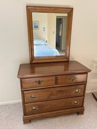 Wooden Dresser With Attached Mirror & Small Milk Glass Lamp