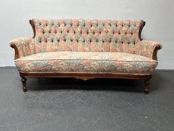Vintage  Victorian Tufted Muted Floral Sofa