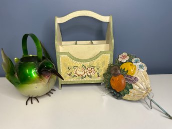 Decor Includes Small Metal Hummingbird Watering Can Metal Floral Hook & Wooden Cutlery Caddy