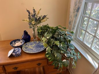 Blue And Green Decor - Vase, Fake Plant, Dish & Bowl With Seashells
