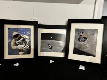 Three  Framed Photo Images, Spaceship & Moon & Astronaut - All Matted With Black Frames