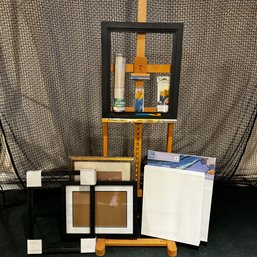 Art Easel With Canvases (4), 1 Gold Frame, 3 Black Frames & 3 Sets Of Acrylic Brushes