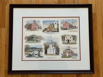 Framed Watercolor Art Of Southbury Buildings Signed By Artist In 1994