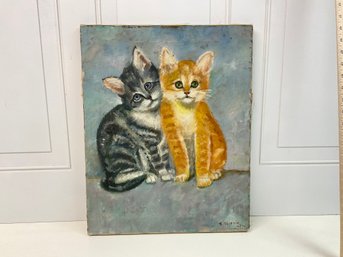 Two Kittens Painting On Canvas    50 Years Old Signed And Dated