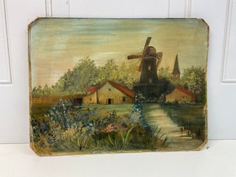 Oil Painting On Hardboard Of Homestead With Windmill 11.5x15.5 Signed And Dated On Back