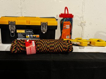 Toolbox, Rope, Bungee Cords And Distance Tape Measure