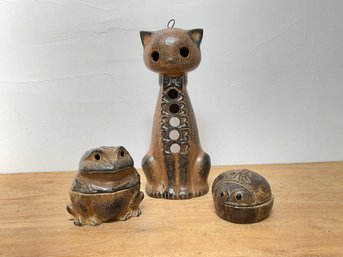 Ceramic Cat, Frog, And Ladybug