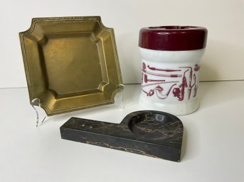 Pipe And Tobacco Holder, Brass Change Holder And Marble Ashtray